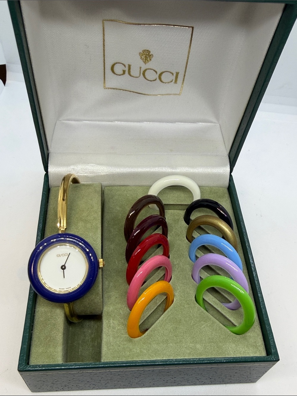 Gucci Gold Bangle Watch with Blue Dial and Multicolor Snap-On Bezels